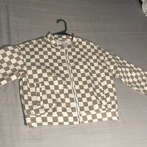 checkered white\beige brownish zip up jacket